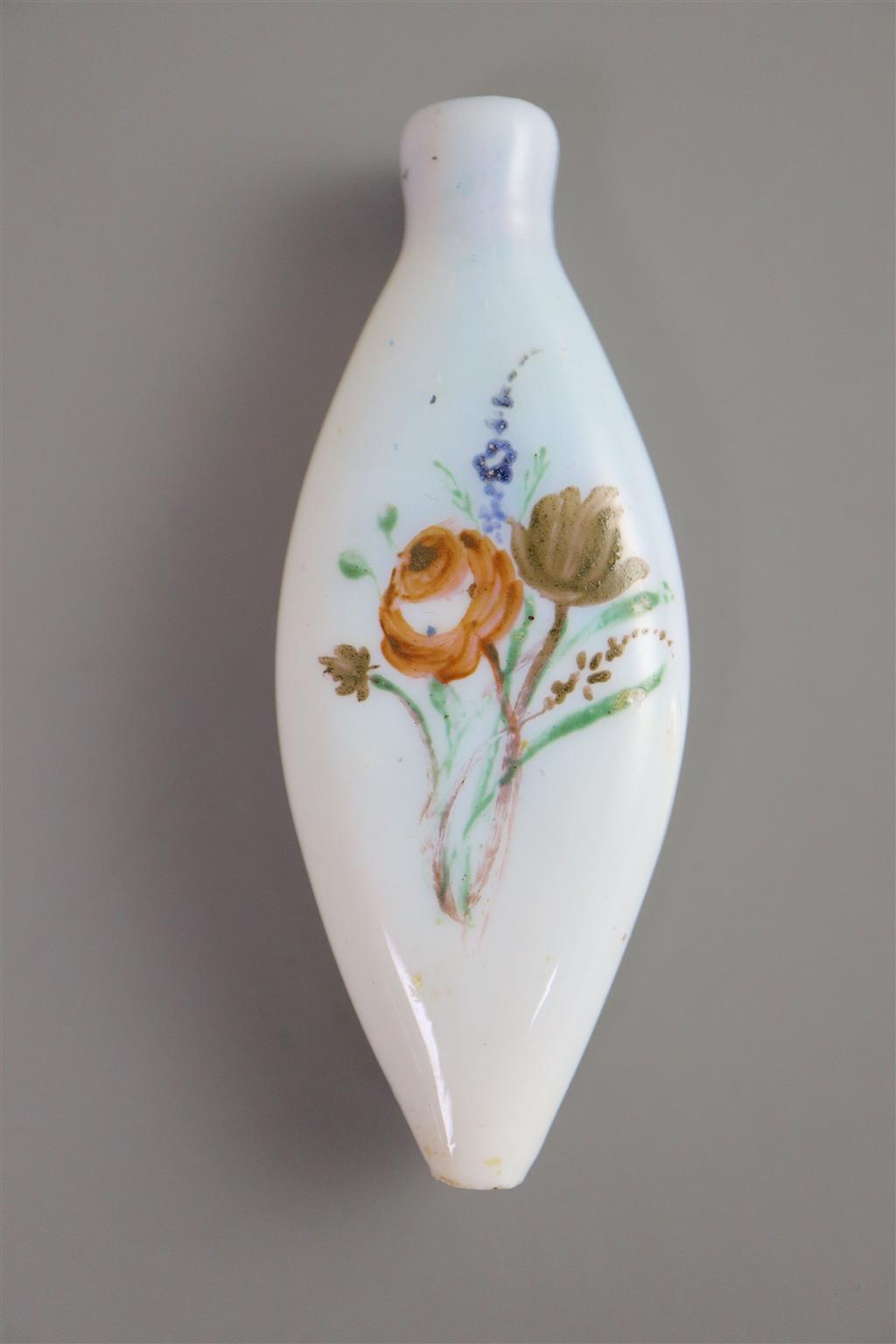 A George III enamelled white glass scent bottle, late 18th century, 9cm high